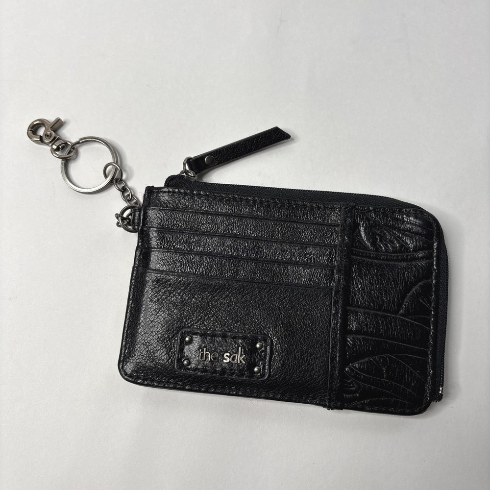 The Sak Black Leather Zip Card Holder Keychain Wallet ID Window Embossed Leaf